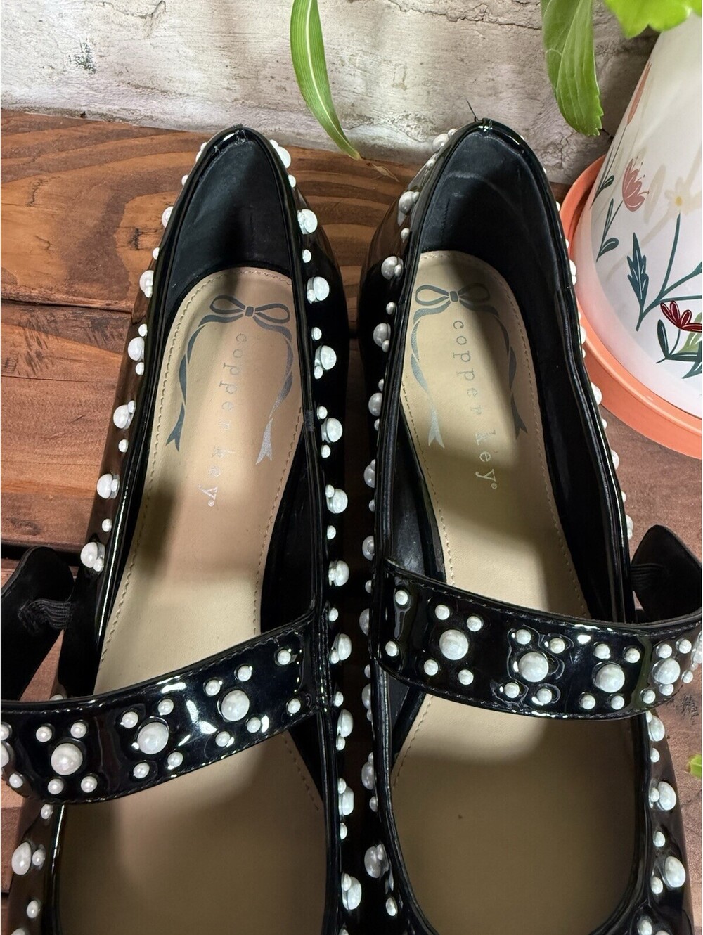 Copper Key Women’s Black Patent Leather Pearl Mary Jane Square Toe Heels 8.5 - Picture 3 of 5